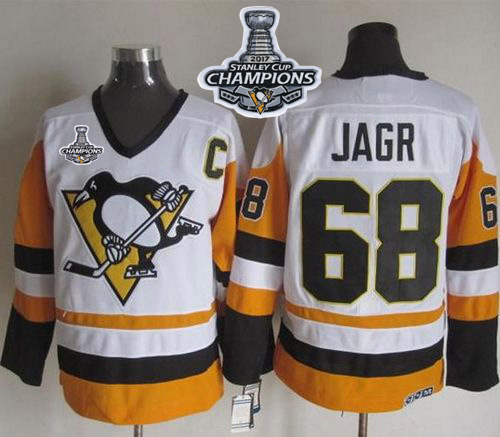 Penguins #68 Jaromir Jagr White/Black CCM Throwback Stanley Cup Finals Champions Stitched NHL Jersey - Click Image to Close